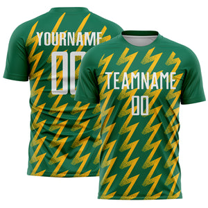 Custom Kelly Green White-Gold Zigzag Shape Sublimation Soccer Uniform Jersey