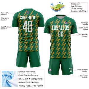 Custom Kelly Green White-Old Gold Zigzag Shape Sublimation Soccer Uniform Jersey