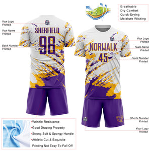 Custom White Purple-Gold Abstract Fragment Art Splash Sublimation Soccer Uniform Jersey