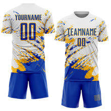 Charger l&#39;image dans la galerie, Custom White Thunder Blue-Gold Abstract Fragment Art Splash Sublimation Soccer Uniform Jersey
