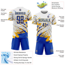 Charger l&#39;image dans la galerie, Custom White Thunder Blue-Gold Abstract Fragment Art Splash Sublimation Soccer Uniform Jersey
