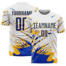 Charger l&#39;image dans la galerie, Custom White Thunder Blue-Gold Abstract Fragment Art Splash Sublimation Soccer Uniform Jersey
