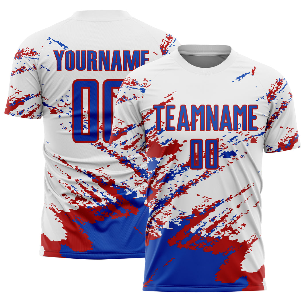 Custom White Thunder Blue-Red Abstract Fragment Art Splash Sublimation Soccer Uniform Jersey