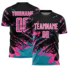 Load image into Gallery viewer, Custom Black Pink-Teal Abstract Fragment Art Splash Sublimation Soccer Uniform Jersey
