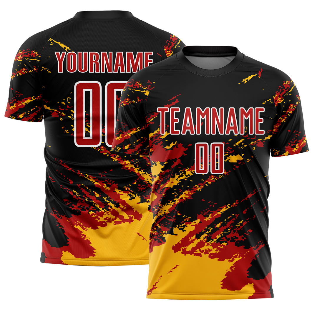 Custom Black Red-Gold Abstract Fragment Art Splash Sublimation Soccer Uniform Jersey