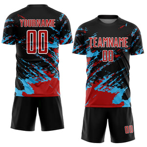 Custom Black Red-Sky Blue Abstract Fragment Art Splash Sublimation Soccer Uniform Jersey