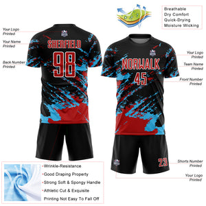 Custom Black Red-Sky Blue Abstract Fragment Art Splash Sublimation Soccer Uniform Jersey