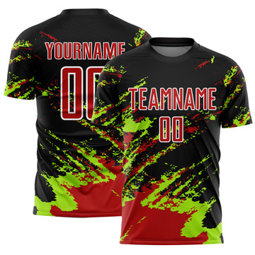 Custom Black Red-Neon Green Abstract Fragment Art Splash Sublimation Soccer Uniform Jersey