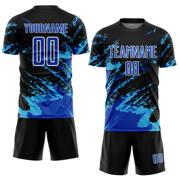 Custom Black Thunder Blue-Sky Blue Abstract Fragment Art Splash Sublimation Soccer Uniform Jersey