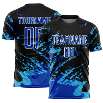 Custom Black Thunder Blue-Sky Blue Abstract Fragment Art Splash Sublimation Soccer Uniform Jersey