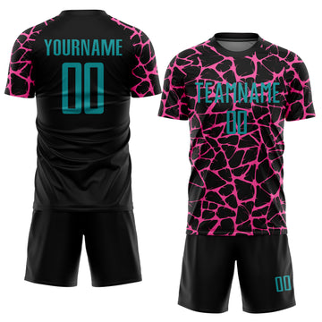 Custom Black Teal-Pink Abstract Network Splash Sublimation Soccer Uniform Jersey