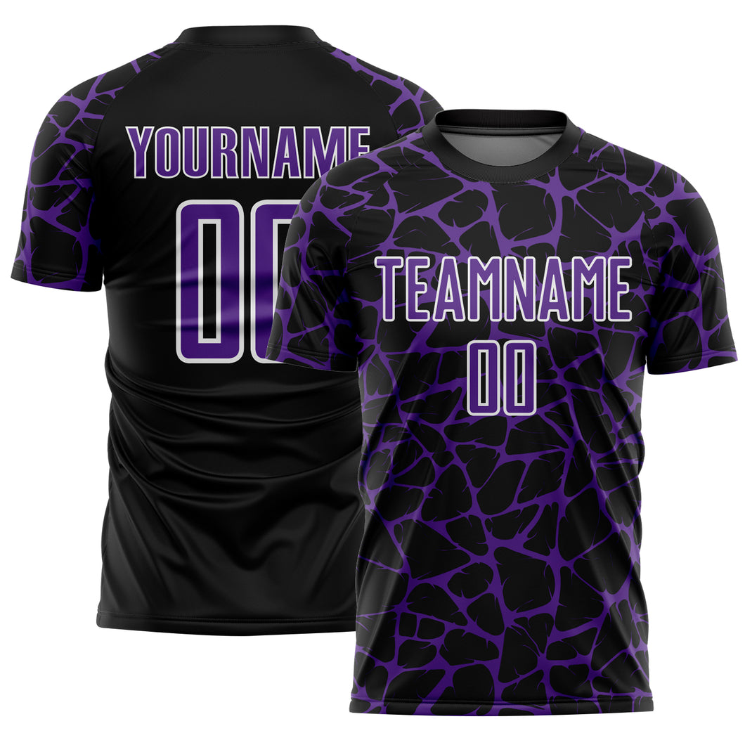 Custom Black Purple-White Abstract Network Splash Sublimation Soccer Uniform Jersey