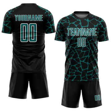 Custom Black Teal-White Abstract Network Splash Sublimation Soccer Uniform Jersey