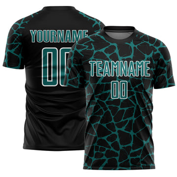 Custom Black Teal-White Abstract Network Splash Sublimation Soccer Uniform Jersey