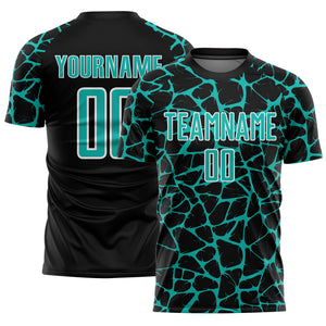 Custom Black Aqua-White Abstract Network Splash Sublimation Soccer Uniform Jersey