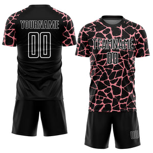 Custom Black Medium Pink-White Abstract Network Splash Sublimation Soccer Uniform Jersey