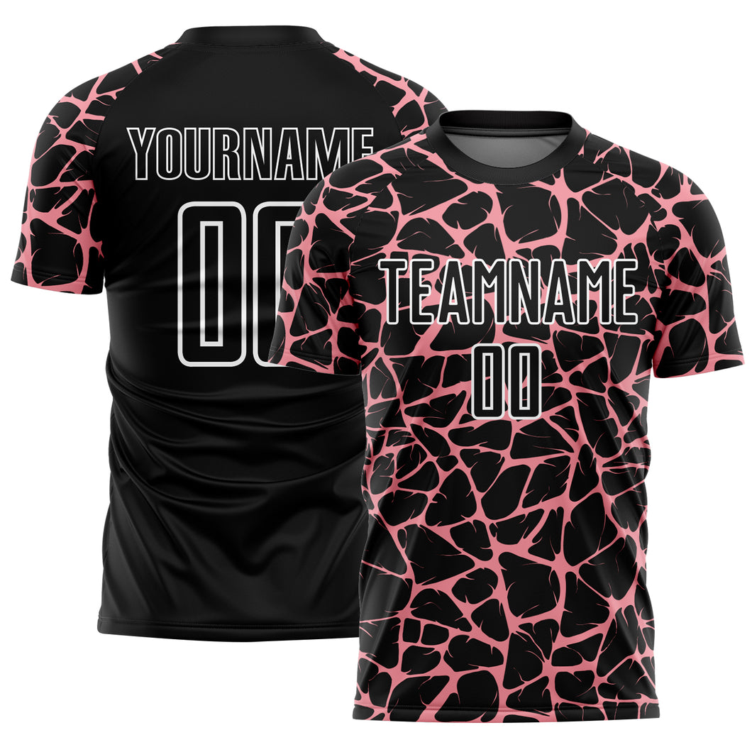 Custom Black Medium Pink-White Abstract Network Splash Sublimation Soccer Uniform Jersey