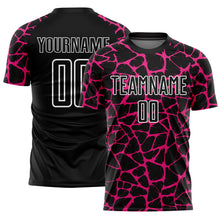 Charger l&#39;image dans la galerie, Custom Black Hot Pink-White Abstract Network Splash Sublimation Soccer Uniform Jersey
