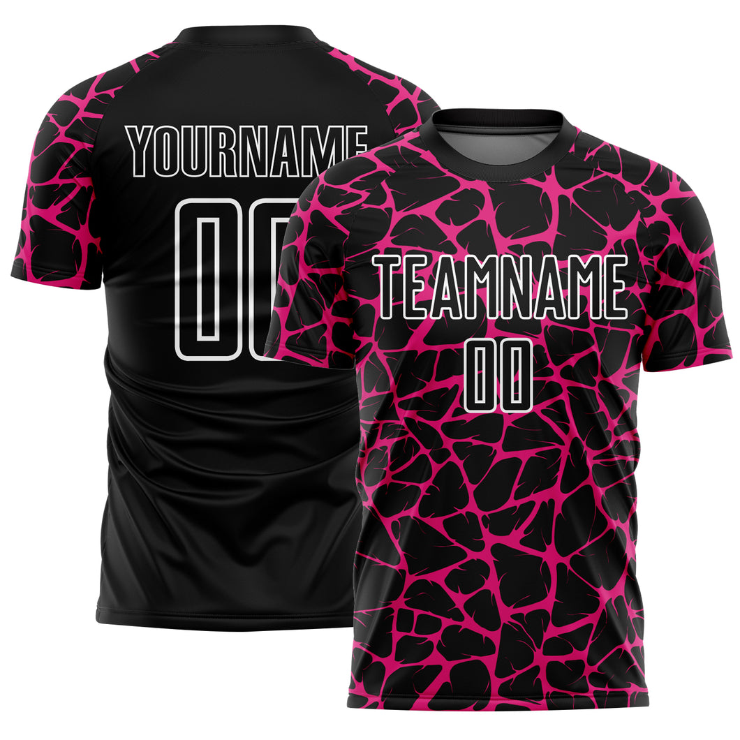 Custom Black Hot Pink-White Abstract Network Splash Sublimation Soccer Uniform Jersey