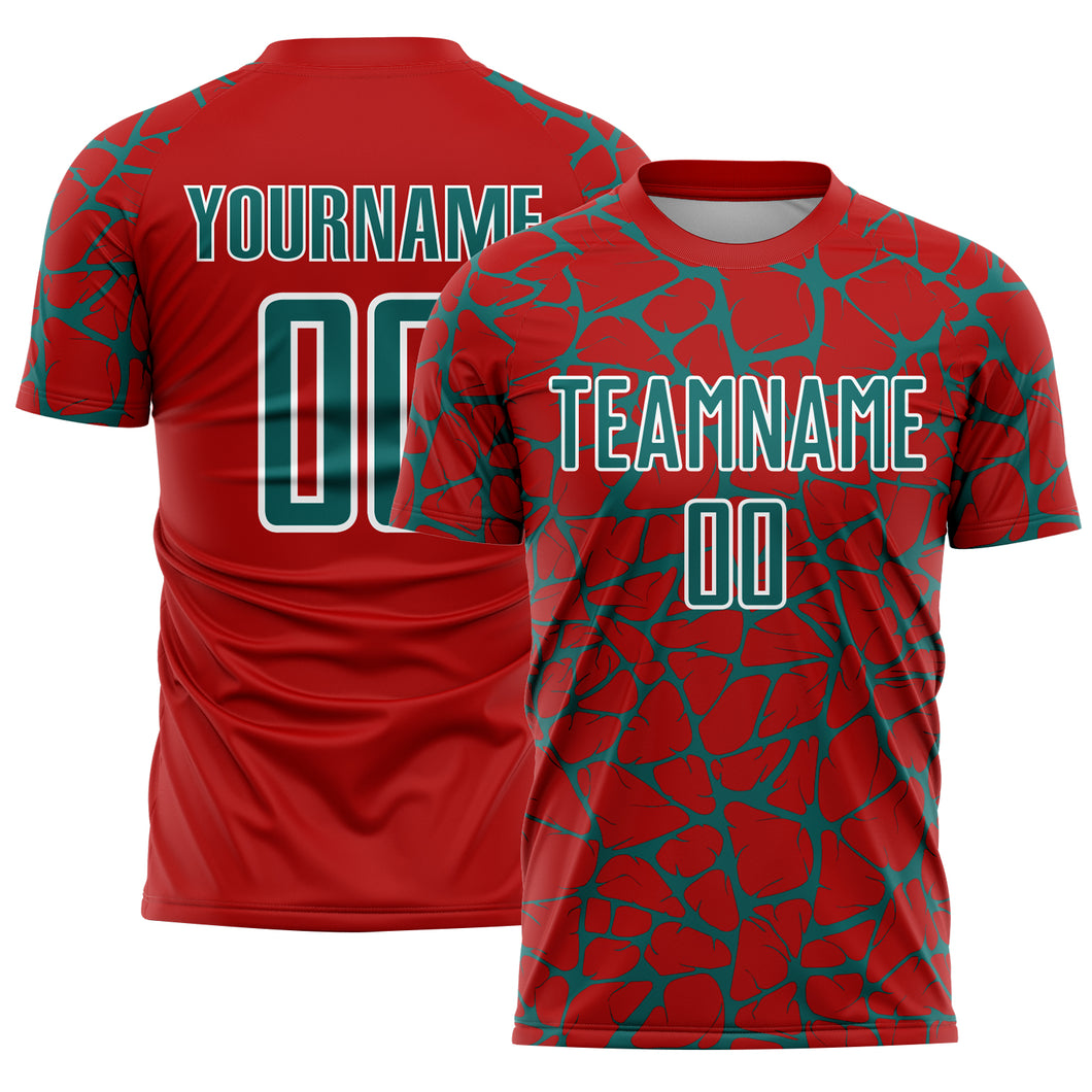 Custom Red Teal-White Abstract Network Splash Sublimation Soccer Uniform Jersey