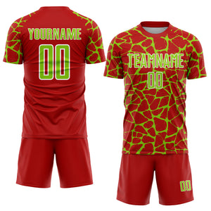 Custom Red Neon Green-White Abstract Network Splash Sublimation Soccer Uniform Jersey