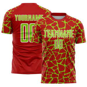 Custom Red Neon Green-White Abstract Network Splash Sublimation Soccer Uniform Jersey