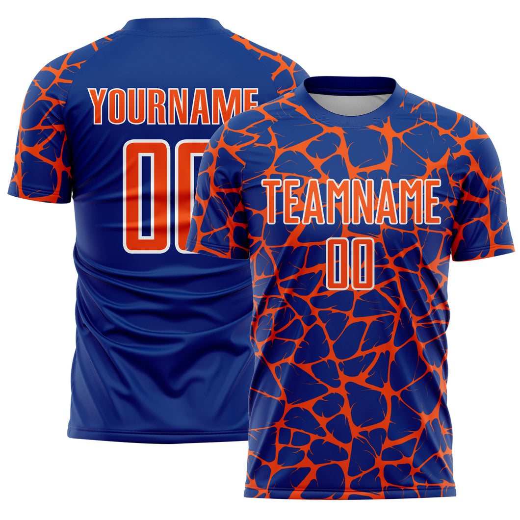 Custom Royal Orange-White Abstract Network Splash Sublimation Soccer Uniform Jersey