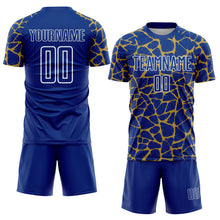 Laden Sie das Bild in den Galerie-Viewer, Custom Royal Old Gold-White Abstract Network Splash Sublimation Soccer Uniform Jersey
