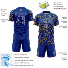 Laden Sie das Bild in den Galerie-Viewer, Custom Royal Old Gold-White Abstract Network Splash Sublimation Soccer Uniform Jersey
