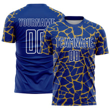 Laden Sie das Bild in den Galerie-Viewer, Custom Royal Old Gold-White Abstract Network Splash Sublimation Soccer Uniform Jersey
