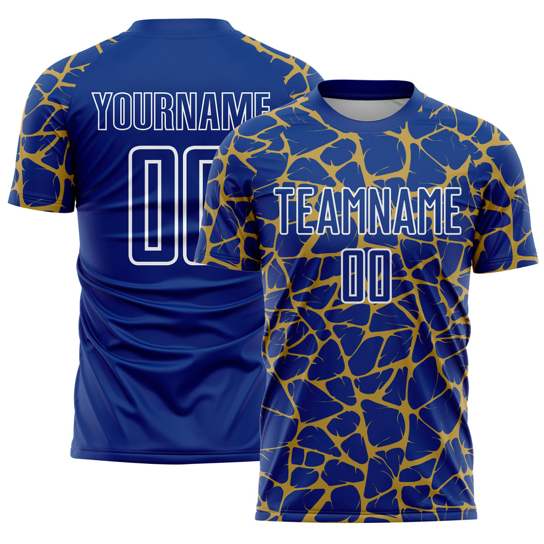 Custom Royal Old Gold-White Abstract Network Splash Sublimation Soccer Uniform Jersey