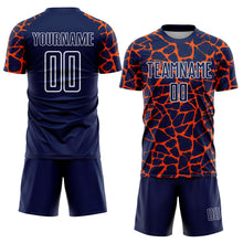 Charger l&#39;image dans la galerie, Custom Navy Orange-White Abstract Network Splash Sublimation Soccer Uniform Jersey
