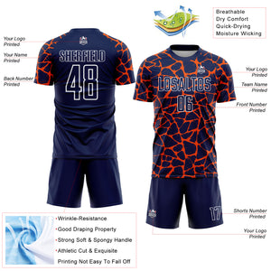 Custom Navy Orange-White Abstract Network Splash Sublimation Soccer Uniform Jersey