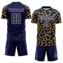 Charger l&#39;image dans la galerie, Custom Navy Gold-White Abstract Network Splash Sublimation Soccer Uniform Jersey
