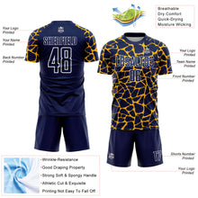 Charger l&#39;image dans la galerie, Custom Navy Gold-White Abstract Network Splash Sublimation Soccer Uniform Jersey
