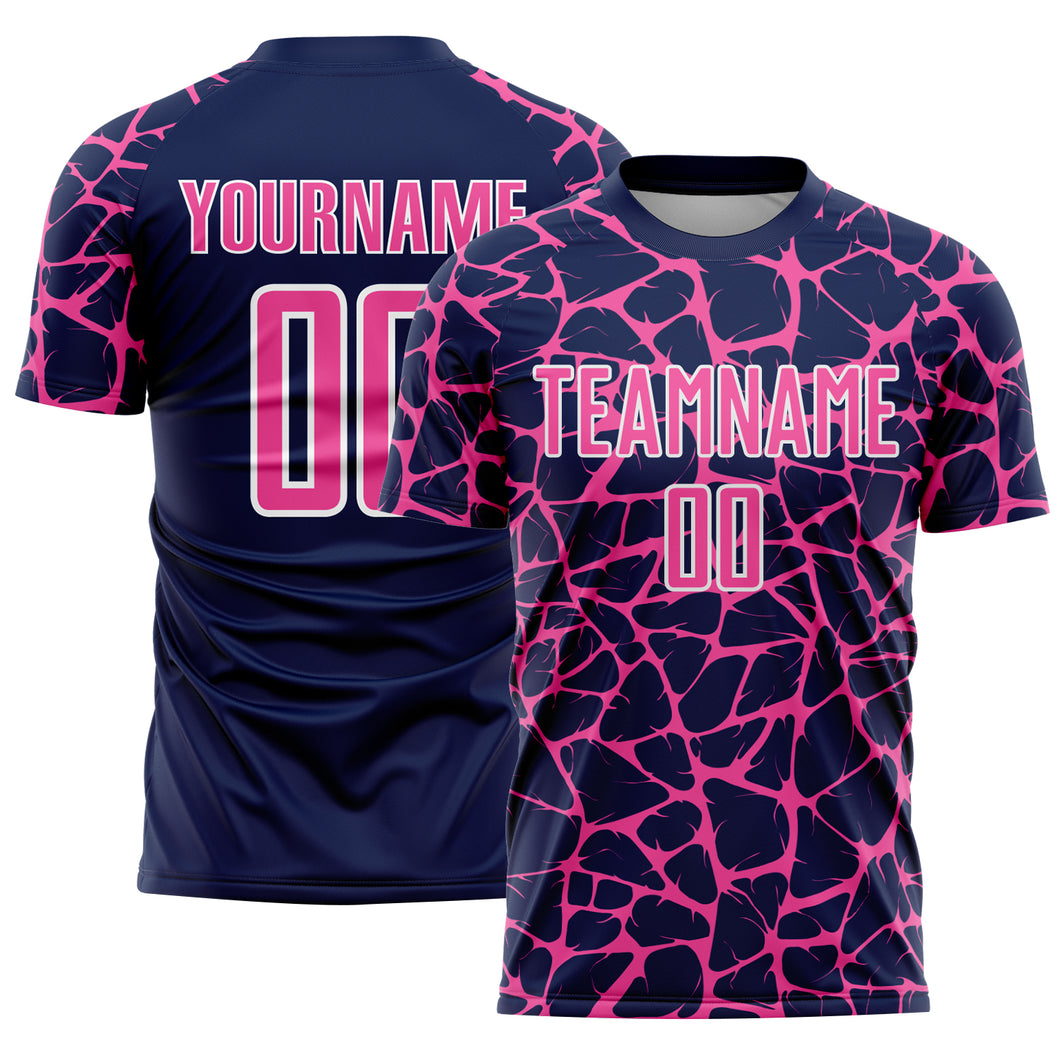 Custom Navy Pink-White Abstract Network Splash Sublimation Soccer Uniform Jersey