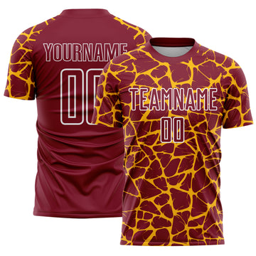 Custom Crimson Gold-White Abstract Network Splash Sublimation Soccer Uniform Jersey