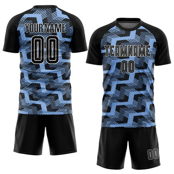 Custom Black Light Blue-White Line Sublimation Soccer Uniform Jersey