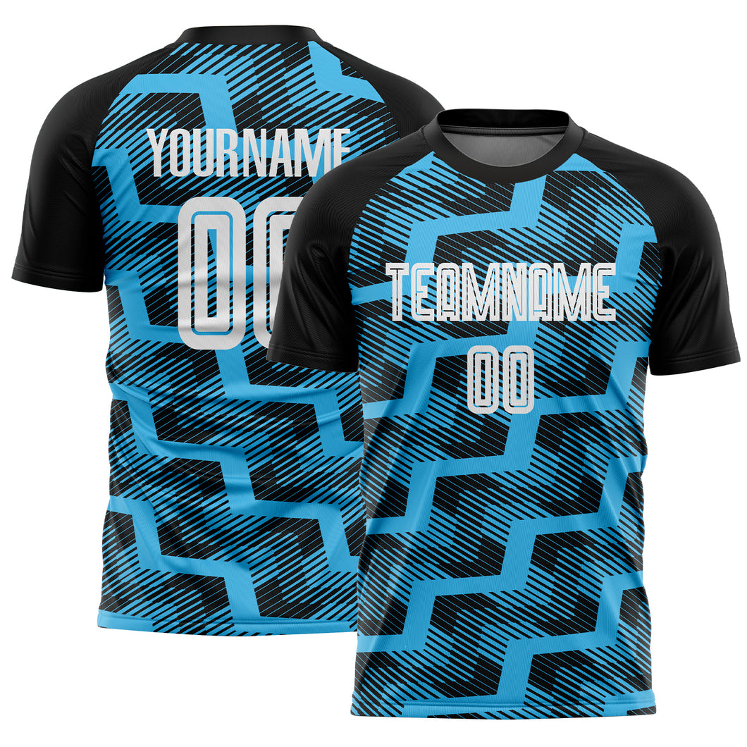 Custom Black White-Sky Blue Line Sublimation Soccer Uniform Jersey