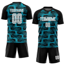 Charger l&#39;image dans la galerie, Custom Black White-Teal Line Sublimation Soccer Uniform Jersey
