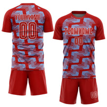 Charger l&#39;image dans la galerie, Custom Red Light Blue-White Line Sublimation Soccer Uniform Jersey
