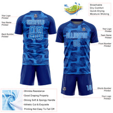 Laden Sie das Bild in den Galerie-Viewer, Custom Royal Powder Blue-White Line Sublimation Soccer Uniform Jersey
