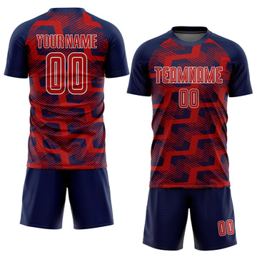 Custom Navy Red-White Line Sublimation Soccer Uniform Jersey