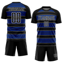 Laden Sie das Bild in den Galerie-Viewer, Custom Black Thunder Blue-White Geometric Shapes And Line Sublimation Soccer Uniform Jersey
