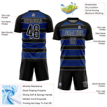 Laden Sie das Bild in den Galerie-Viewer, Custom Black Thunder Blue-White Geometric Shapes And Line Sublimation Soccer Uniform Jersey
