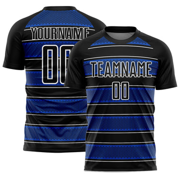 Custom Black Thunder Blue-White Geometric Shapes And Line Sublimation Soccer Uniform Jersey