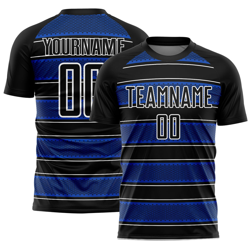 Custom Black Thunder Blue-White Geometric Shapes And Line Sublimation Soccer Uniform Jersey