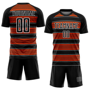 Custom Black Orange-White Geometric Shapes And Line Sublimation Soccer Uniform Jersey