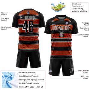 Custom Black Orange-White Geometric Shapes And Line Sublimation Soccer Uniform Jersey