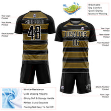 Load image into Gallery viewer, Custom Black Old Gold-White Geometric Shapes And Line Sublimation Soccer Uniform Jersey
